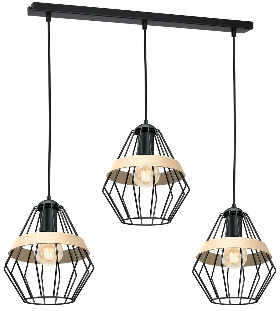 Závesné svietidlo Cliff, 3x drevené/čierne drôtené tienidlo, b