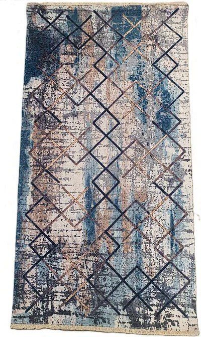 Moderný koberec Banco 1025-MAVI béžovo-modrý so štvorcovým vzorom Rozmer: 60x110 cm