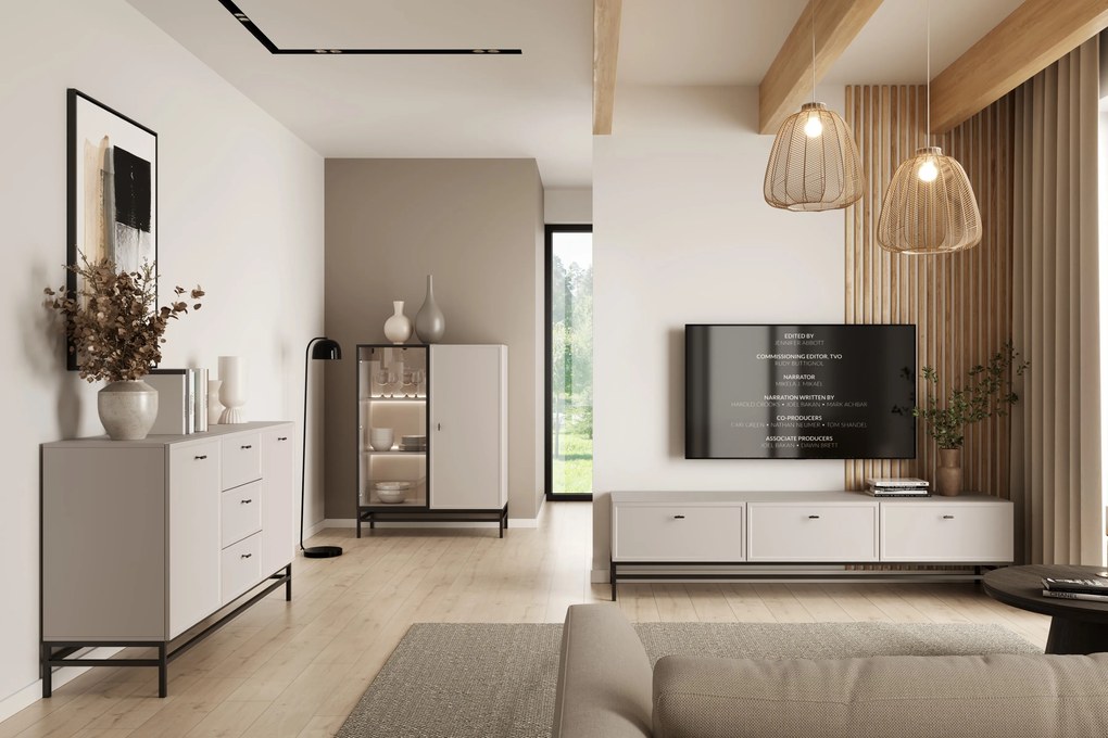 TV stolík Lorini 200 cm na stojane – kašmírová / čierna / úchytky T