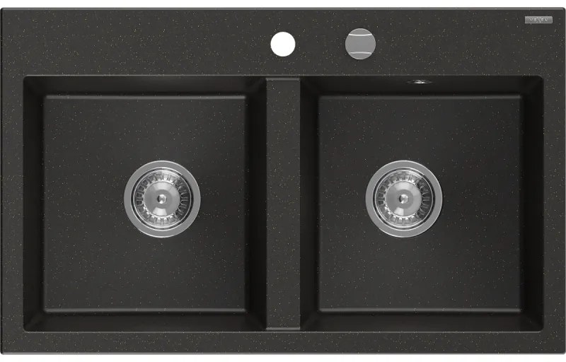Mexen Hektor, 2-komorový granitový drez 800x480x205 mm, čierna-zlatá metalíza, chrómový sifón, 6521802000-75