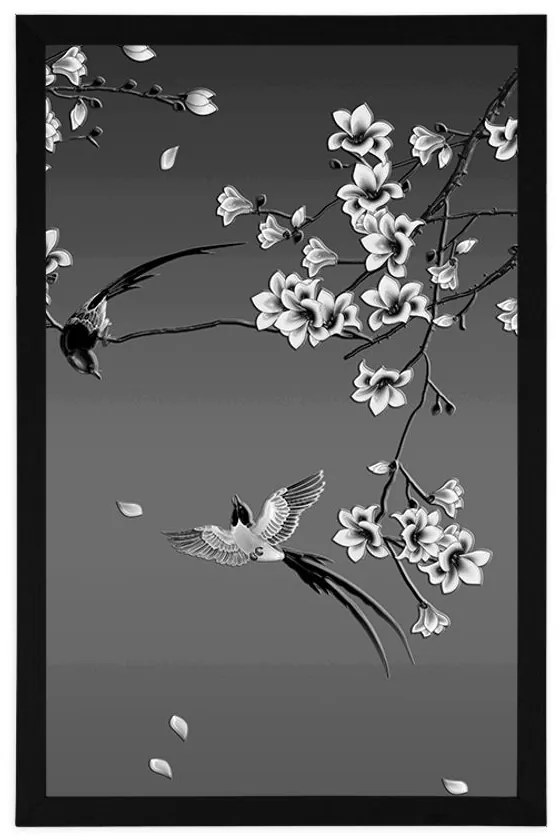 Plagát čiernobiele vtáčiky na konári stromu - 30x45 black