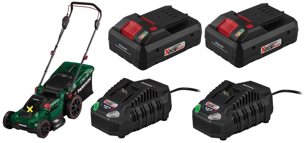 Parkside®  Aku kosačka na trávu Prma 40-Li D2 + Smart akumulátor 20 V/4Ah Paps 204 A1, 2 kusy + Nabíjačka 20 V/4,5 A, 2 kusy  (800010671)
