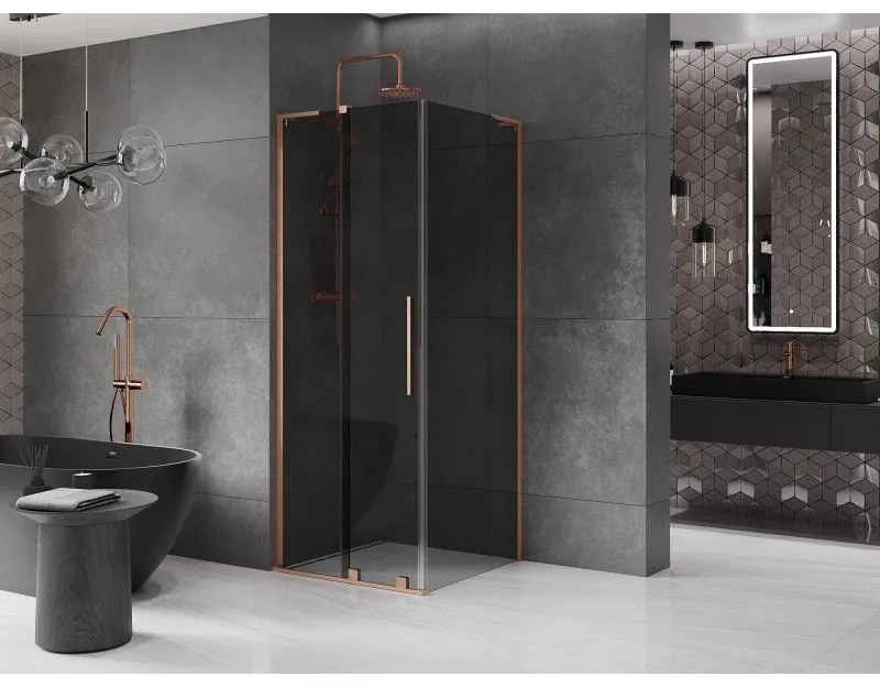 Mexen Velar L, sprchový kút s posuvnými dverami 90 x 90 cm, 8mm šedé sklo, medená matná, 871-090-090-43-65