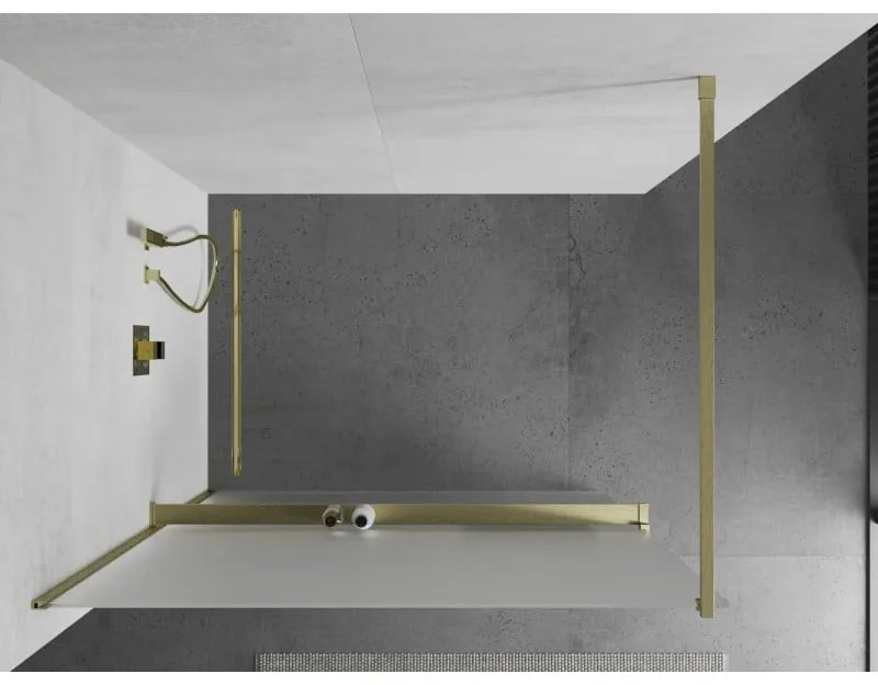 Mexen Kioto+, sprchová zástena Walk-In s poličkou a vešiakom 110 x 200 cm, 8mm sklo námraza, zlatý matný profil, 800-110-121-55-30