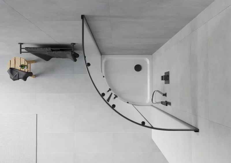 Mexen Rio, štvrťkruhový sprchovací kút s posuvnými dverami 80(dvere) x 80(dvere) x 190 cm, 6mm sklo námraza, čierny profil + biela sprchová vanička SLIM, 863-080-080-70-30-4110B