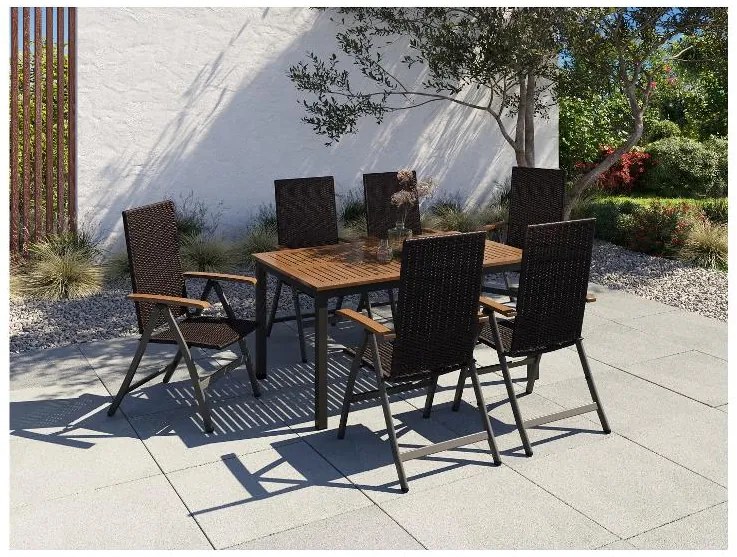 Livarno home Hliníkový záhradný stôl Valencia, hnedý/čierny + Skladacie kreslo Valencia, hnedé, 6 kusov (800008287)