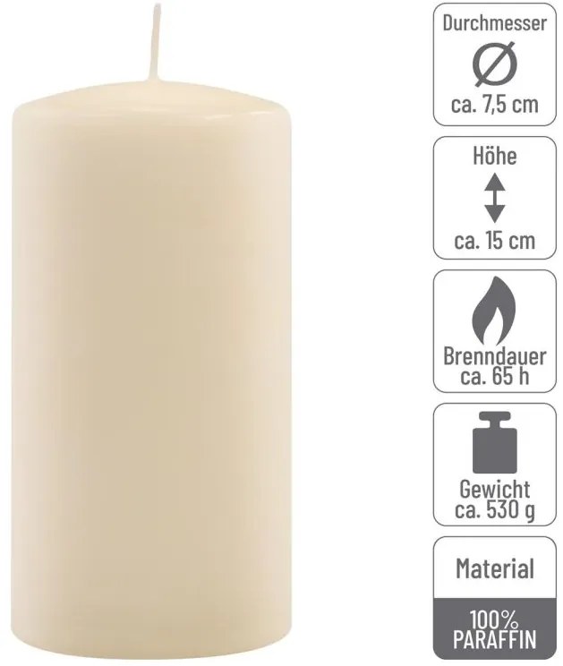 Sada stĺpových sviečok, 15 cm, Ø 7,5 cm, krémová, 6 ks