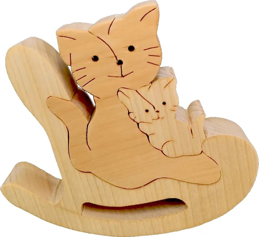 AMADEA Drevené puzzle hojdacia mačka, masívne drevo dvoch druhov drevín, 14x11,5x3 cm
