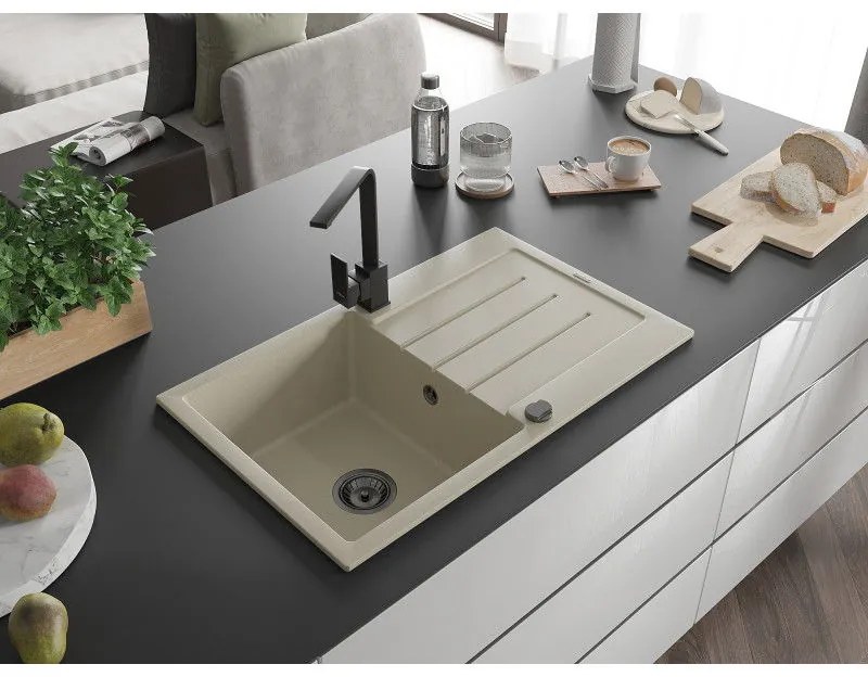 Mexen Bruno, drez granitový 795x495x200 mm, 1-komorový, béžová s čiernym sifónom a čierna drezová batéria Rita, 6513-69-670300-70