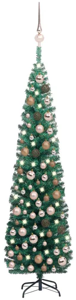 Úzky umelý vianočný stromček s LED a sadou gulí zelený 180 cm 3077852