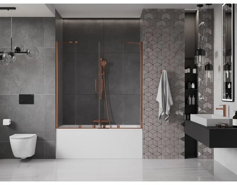 Mexen Velar Duo, 2-krídlová posuvná vaňová zástena 160 x 150 cm, 8mm číre sklo, ružové zlato profil, 896-160-000-02-60