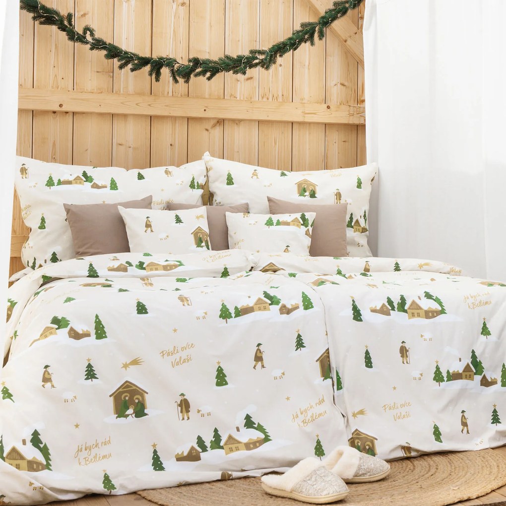Goldea vianočné bavlnené posteľné obliečky - pásli ovce valaši 140 x 200 a 70 x 90 cm