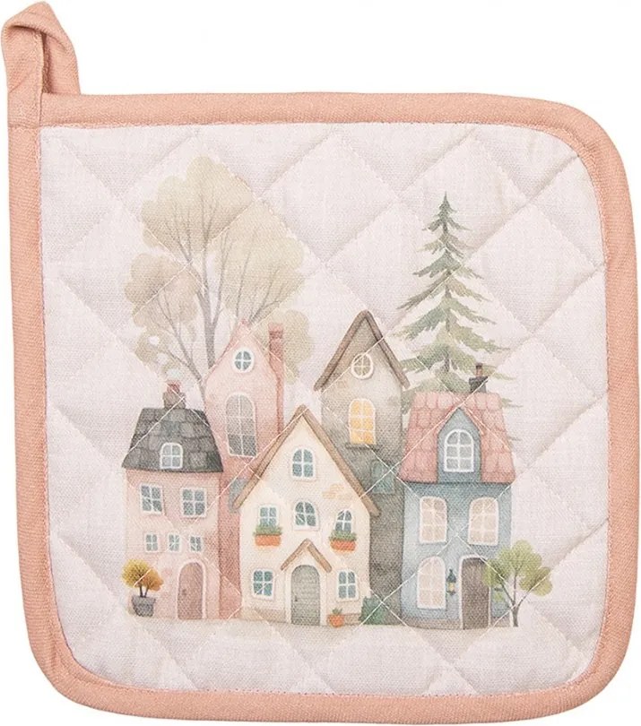 Béžová bavlnená chňapka - podložka so srdiečkami a domčekmi Hearts & Houses - 20*20 cm