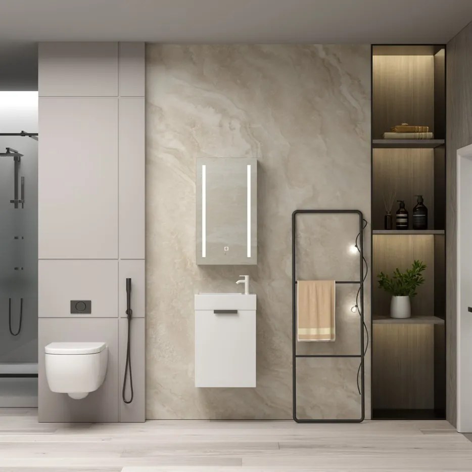 Erga Hana, zrkadlová galérka s LED osvetlením 40x70cm s integrovanou zásuvkou, biela, ERG-V05-HANA-4070-WH