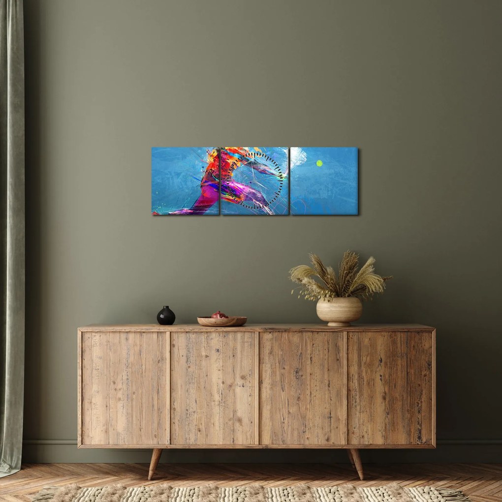 Obraz - Maľovaný tenista (s hodinami) (90x30 cm)