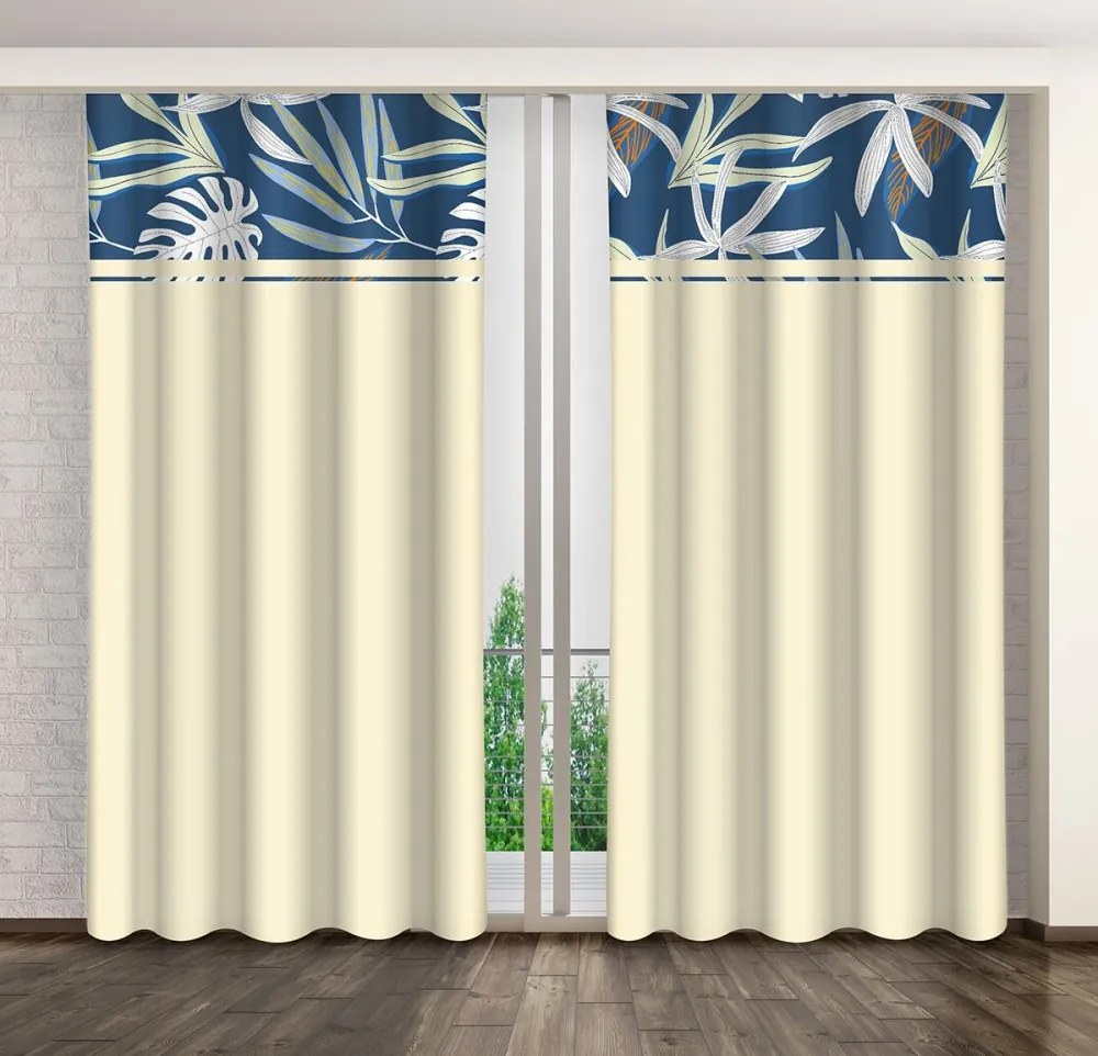 Elegantné béžovo-modré závesy so vzorom palmových listov Dĺžka: 250 cm
