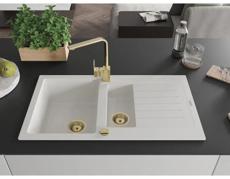 Mexen Matias, granitový drez 900x505x200 mm, 1,5-komorový a zlatá batéria Rita, biela, 6502-20-670300-50