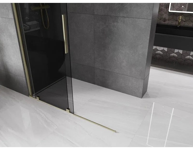 Mexen Velar, sprchová zástena s posuvnými dverami Walk-in 150 x 200 cm, 8mm šedé sklo, zlatá lesklá, 871-150-000-43-50