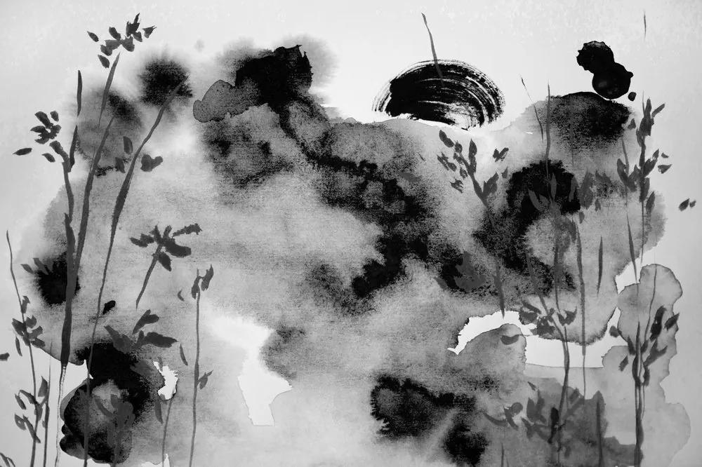 Samolepiaca tapeta čiernobiela maľba japonskej oblohy - 225x150