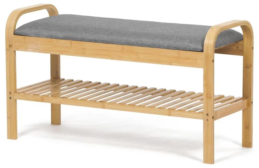 Botník / taburet, police, masiv bambus, přírodní odstín, šedá látka