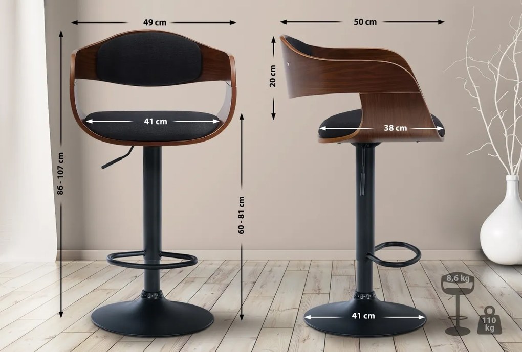 Barová stolička Kingston B - látka, čierny rám - orech/čierna