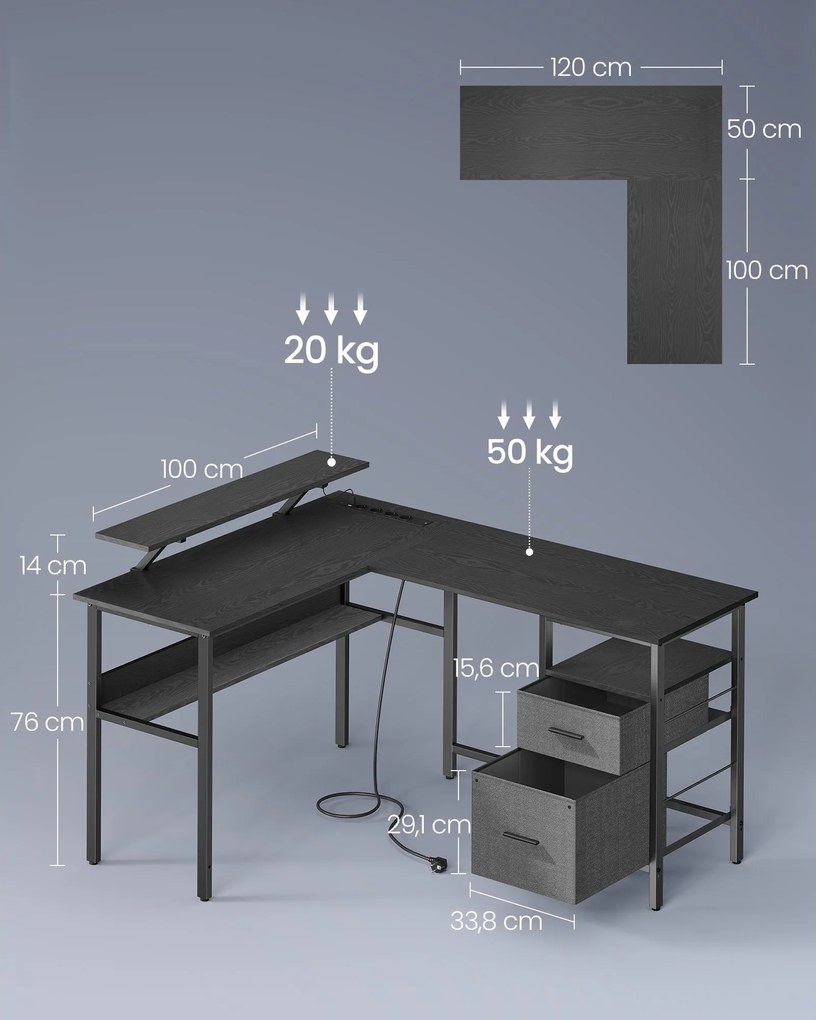 Písací a PC stôl v tvare písmena L so zásuvkami, rohový stôl s LED osvetlením, čierny