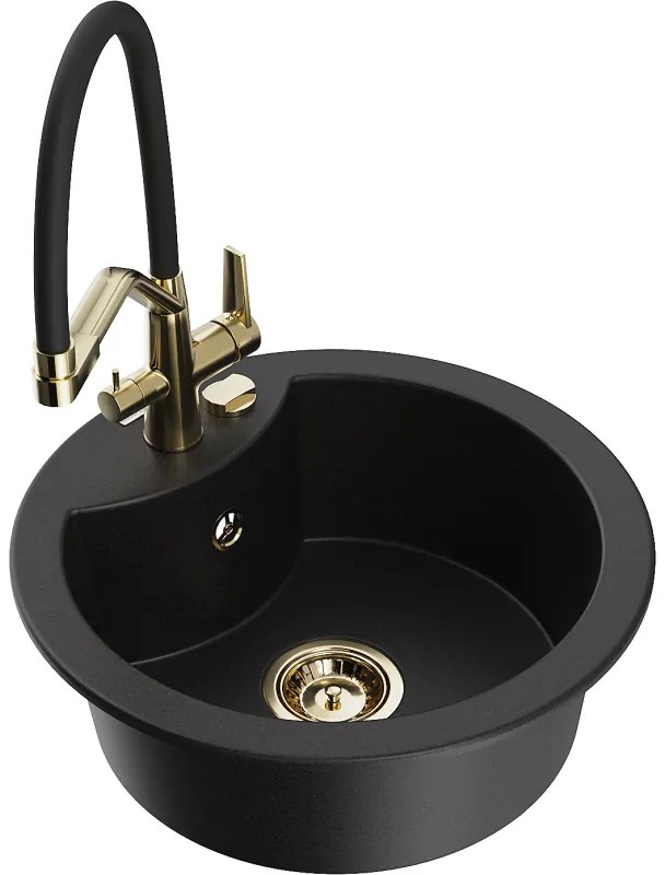Mexen Diego, 1-komorový granitový drez 488x488x167 mm a drezová batéria Duo, čierna, 6512-77-671701-57-G