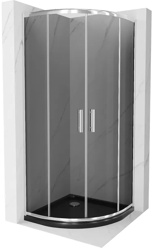 Mexen Rio, štvrťkruhový sprchovací kút s posuvnými dverami 90 x 90 cm, 6mm šedé sklo, chrómový profil + čierna sprchová vanička, 863-090-090-01-30-4170