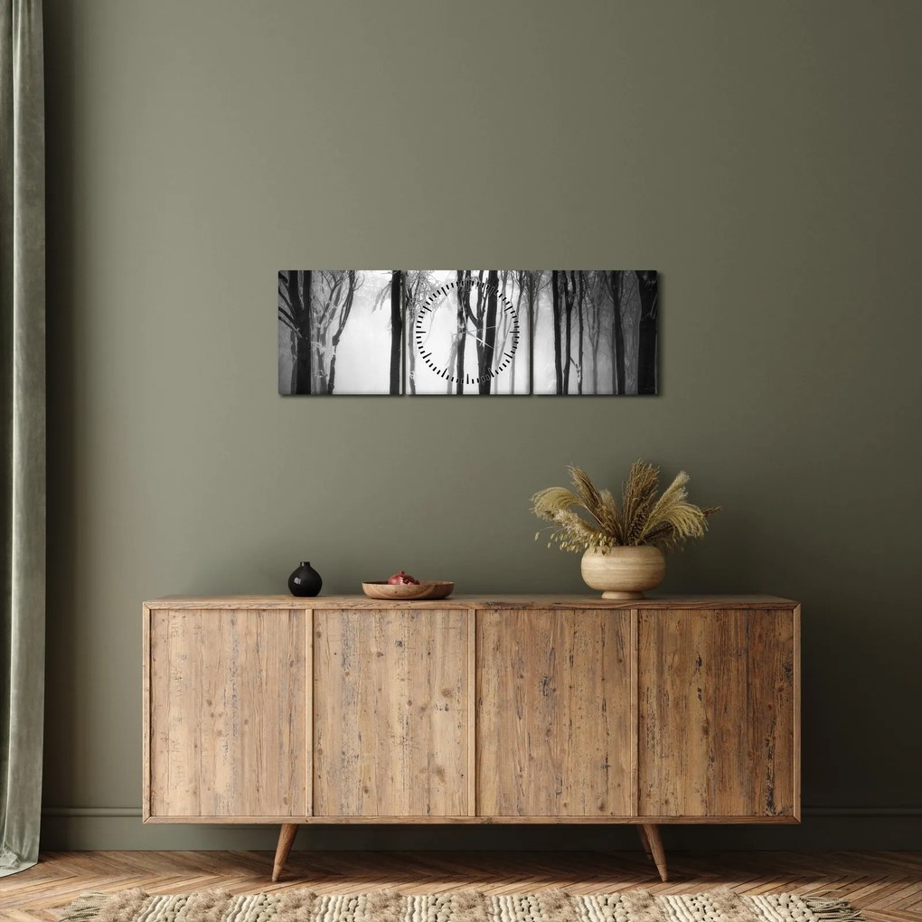 Obraz - Vlk v temnom lese (s hodinami) (90x30 cm)