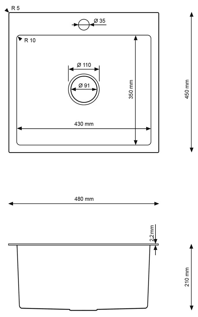 Erga HD, 1-komorový oceľový drez 480x450x210 mm, oceľová, ERG-MLS-HD4845
