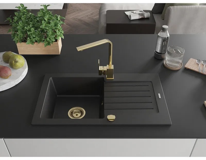 Mexen Pablo, granitový drez 752x436x161 mm, 1-komorový a zlatá batéria Rita, čierna, 6510-77-670300-50