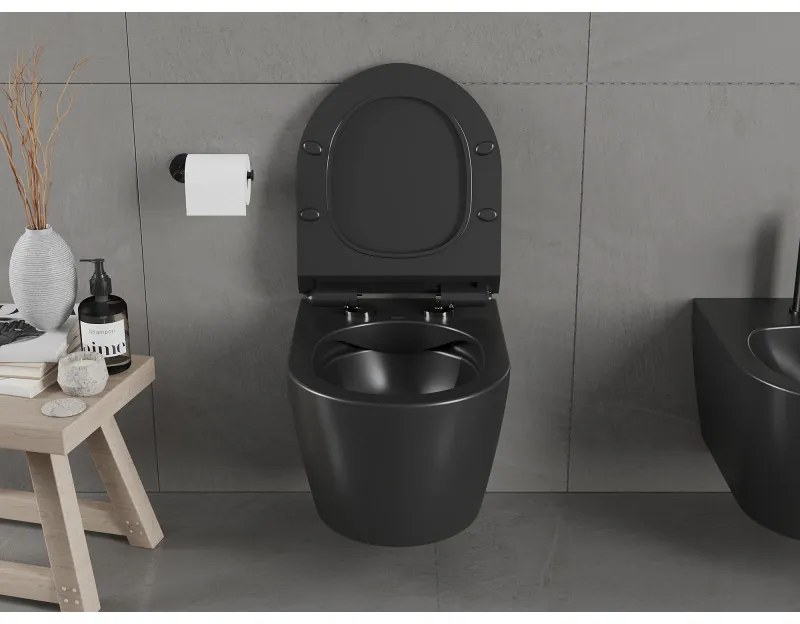 Mexen Carmen závesné wc Rimless s toaletným Slim sedátkom z duroplastu, čierna matná - 30880185