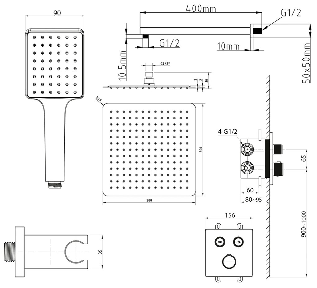 Sapho Sapho, SMART SELECT podomietková termostatická sprchová súprava, 2 výstupy, vystúpenie, chróm, RP042-01