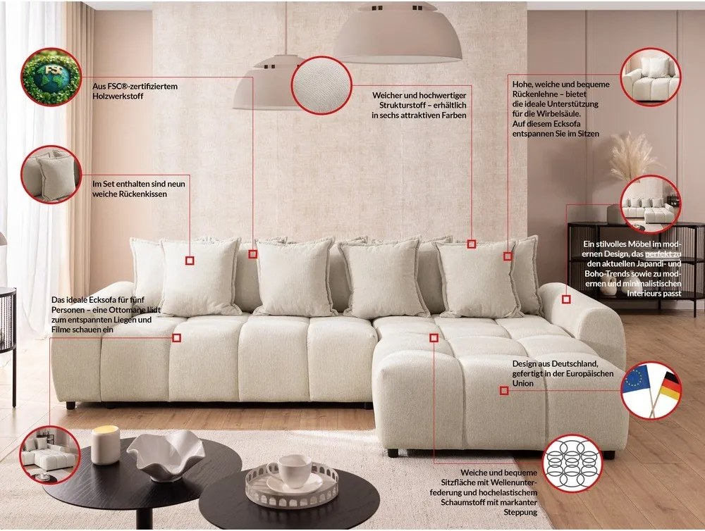 Béžová rohová pohovka (pravý roh/s leňoškou) Albane – Ropez