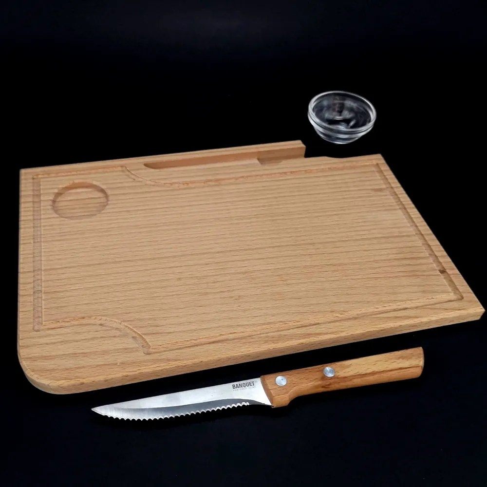 AMADEA Drevená doštička na steak s nožom a miskou, masívne drevo, 30x20x1, 5 cm