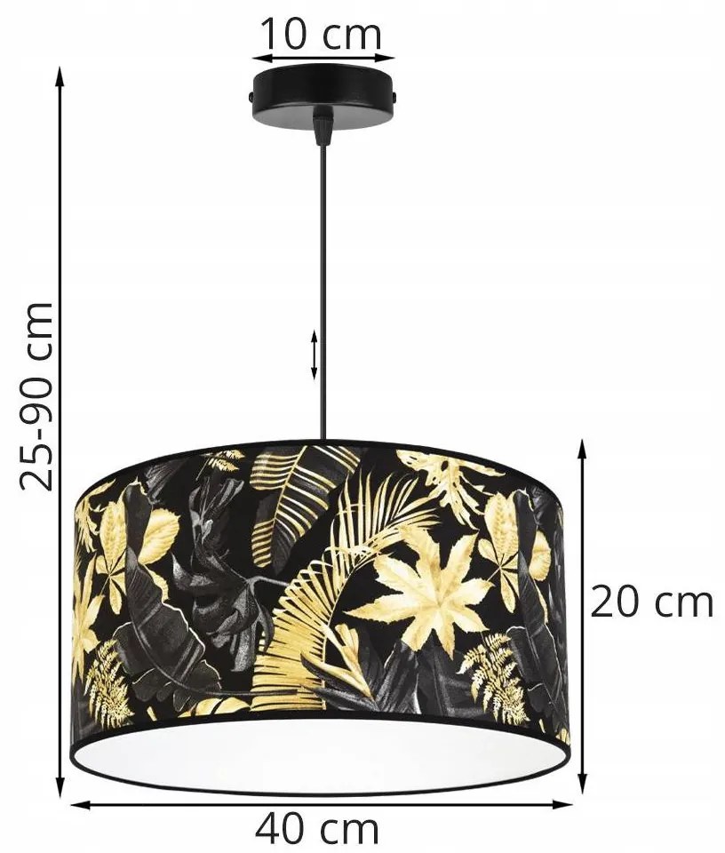 Závesné svietidlo Gold Flowers, 1x čierne textilné tienidlo s kvetinovým vzorom, (fi 40cm)
