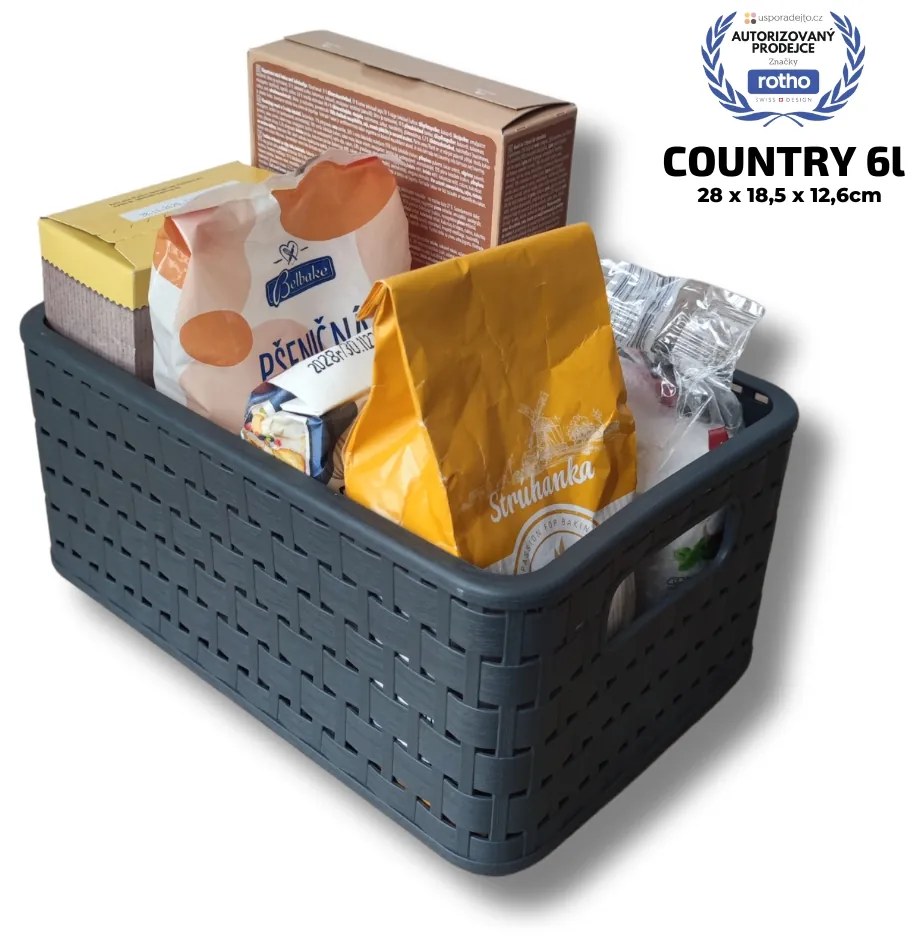 Rotho Plastový košík COUNTRY, rovný, antracit (6l - 28x19x13)