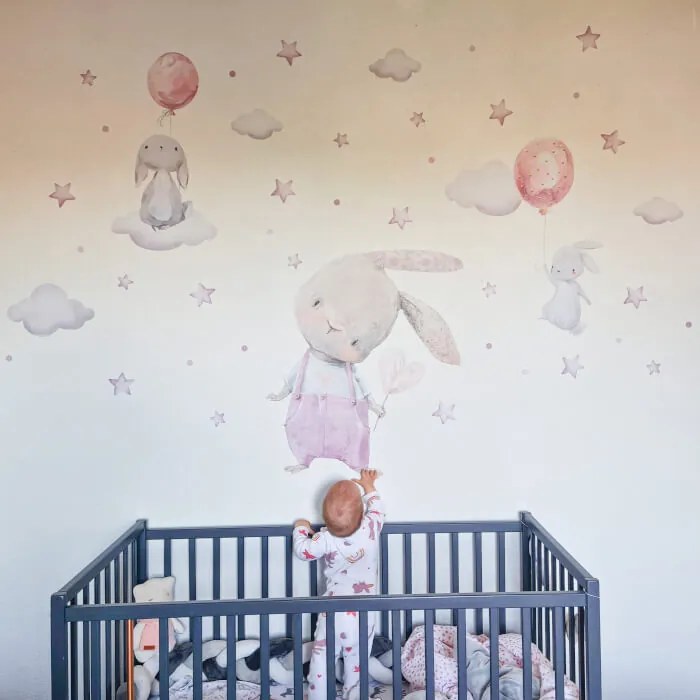 Nálepka na stenu - Akvarelový zajačik a malé zajačiky s balónmi