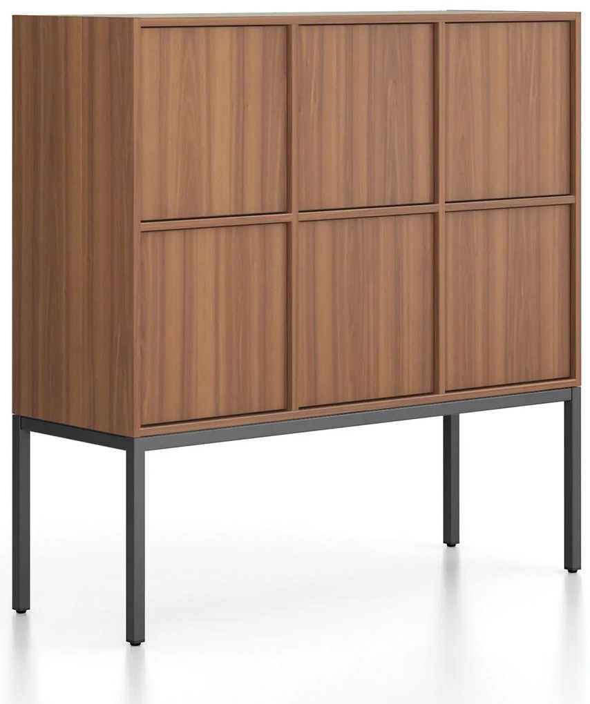 Kancelárska skriňa FRAME, nízka, čierna podnož, 6x dvere, 1299 x 450 x 1331 mm, zámok PUSH-lock, orech