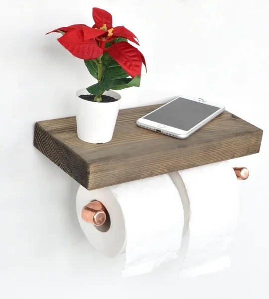 Držiak toaletného papiera s policou BORU 12x30 cm smrek/medená
