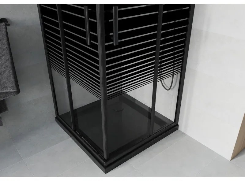 Mexen Rio, štvorcový sprchovací kút s posuvnými dverami 70(dvere) x 70(dvere) x 190 cm, 6mm číre sklo s pásikmi, čierny profil + čierna sprchová vanička SLIM, 860-070-070-70-20-4070B