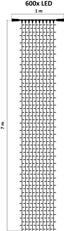 DECOLED Interiérový svetelný záves LED, teplá biela, priehľadný kábel, 1x7 m, 600 diód