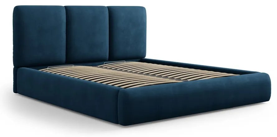 Tmavomodrá čalúnená dvojlôžková posteľ s úložným priestorom s roštom 200x200 cm Brody – Mazzini Beds