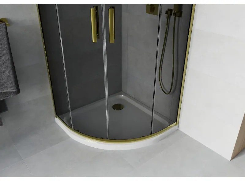 Mexen Rio, štvrťkruhový sprchovací kút s posuvnými dverami 90(dvere) x 90(dvere) x 190 cm, 6mm šedé sklo, zlatý profil + biela sprchová vanička SLIM, 863-090-090-50-40-4110G