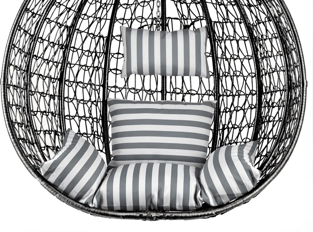 Čierne závesné kreslo KOKON bez stojanu, bielo-sivý vankúš