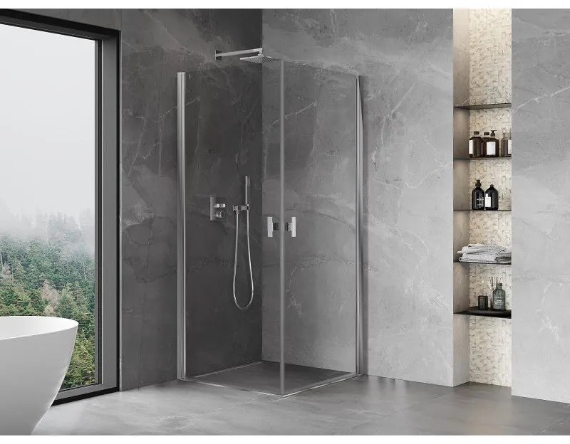 Mexen Mist-B Duo, 2-krídlový výklopný sprchový kút 85 x 85 cm, číre sklo, chrómový profil, 8A2-085-085-01-00