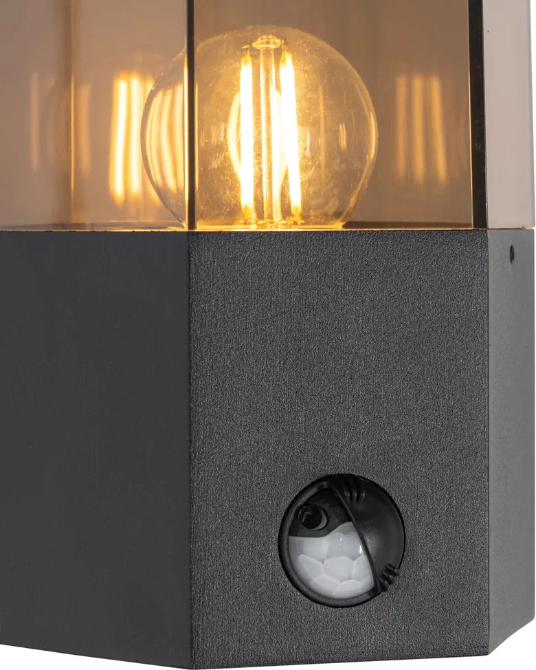 Vonkajšia nástenná lampa čierna s dymovým sklom hexagon a senzorom pohybu - Denmark