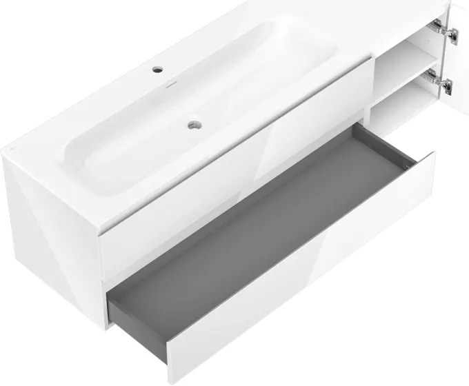 Mexen Orio, kúpeľňová skrinka 160 cm s umývadlom Vela vľavo, 2S, 1D, biela lesklá, 91A13-16047-3-BBFFF00-W23L00