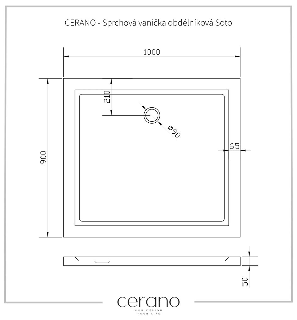 Cerano Soto, obdĺžniková akrytálová sprchová vanička 100x90x5 cm, biela, CER-CER-425563