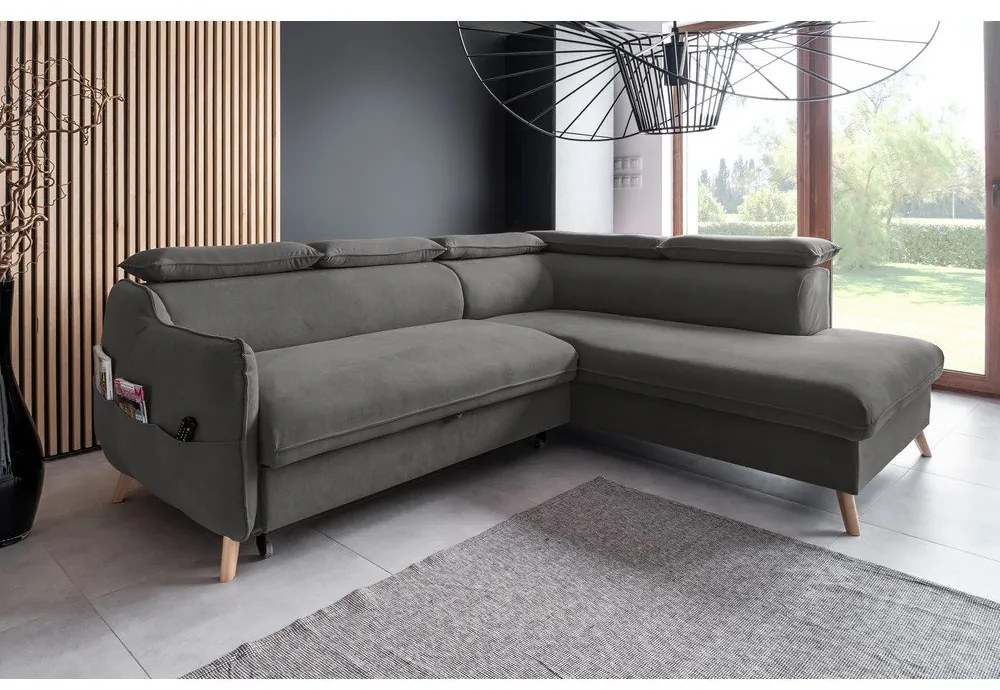 Tmavosivá zamatová rozkladacia rohová pohovka (pravý roh) Sweet Harmony – Miuform